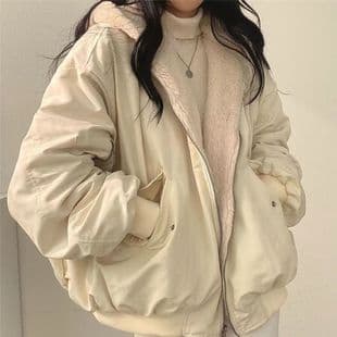 Korean Fleece-Lined Reversible Shearling Cotton Padded Jacket Women Winter New Zipper Hooded Coat Top