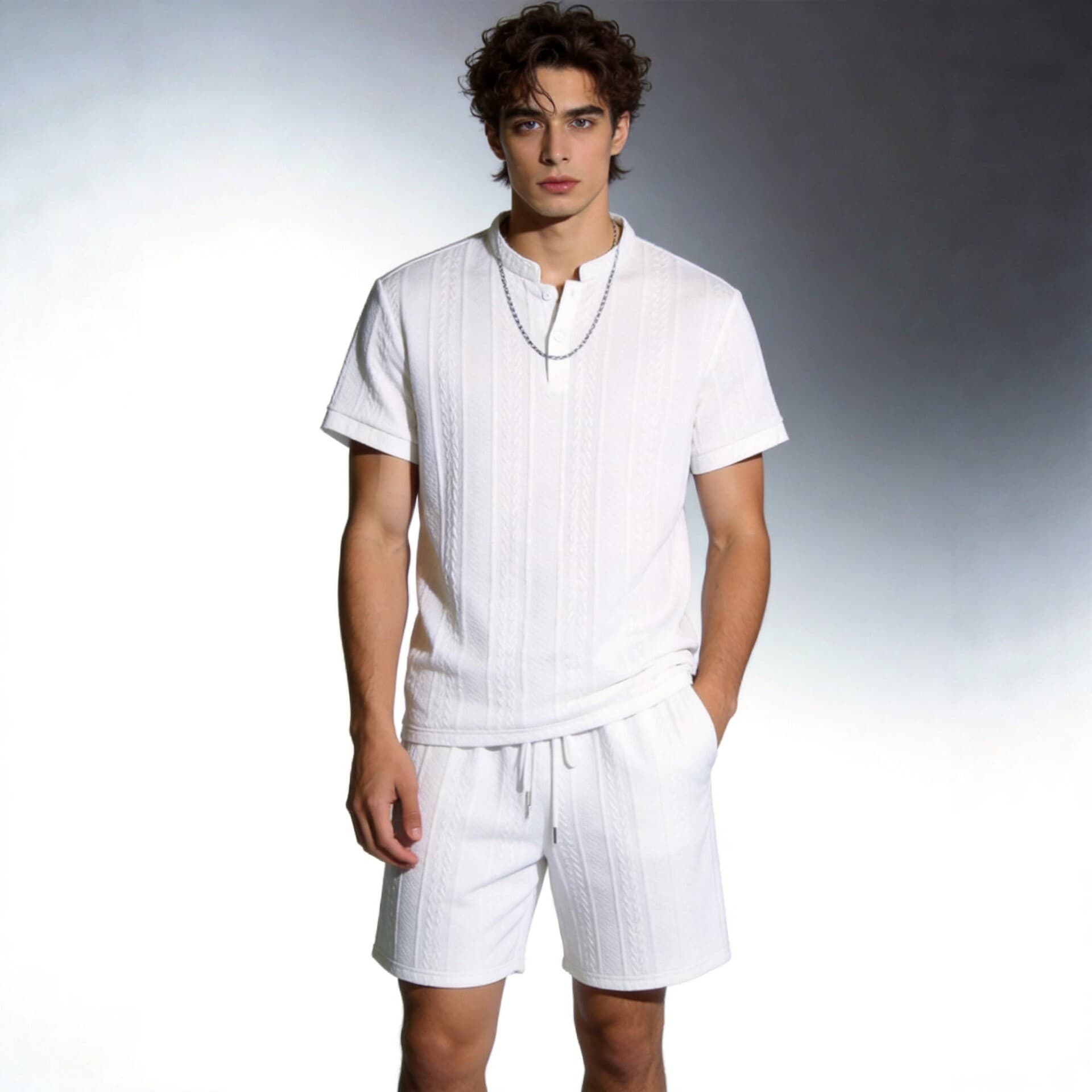 New Summer Men's Stand-up Collar Henry Shirt Jacquard Short Sleeve and Short Pants Set, Solid Color Casual Two-piece Set Cross-border Men's Clothing