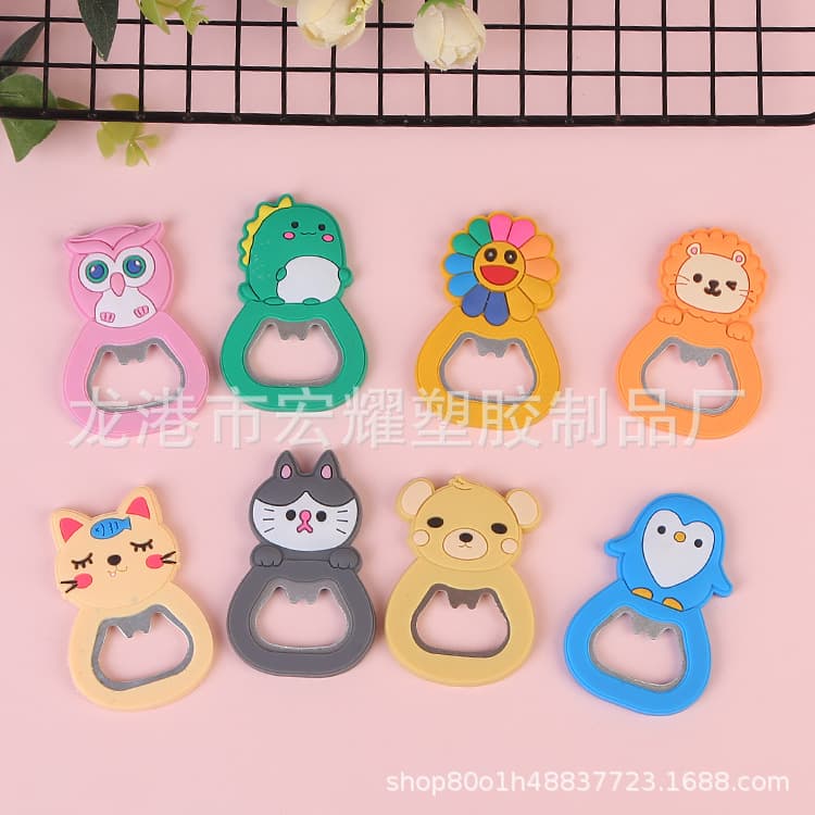 Small wholesale creative cartoon bottle opener PVC soft rubber bottle opener cap remover with fridge magnet logo