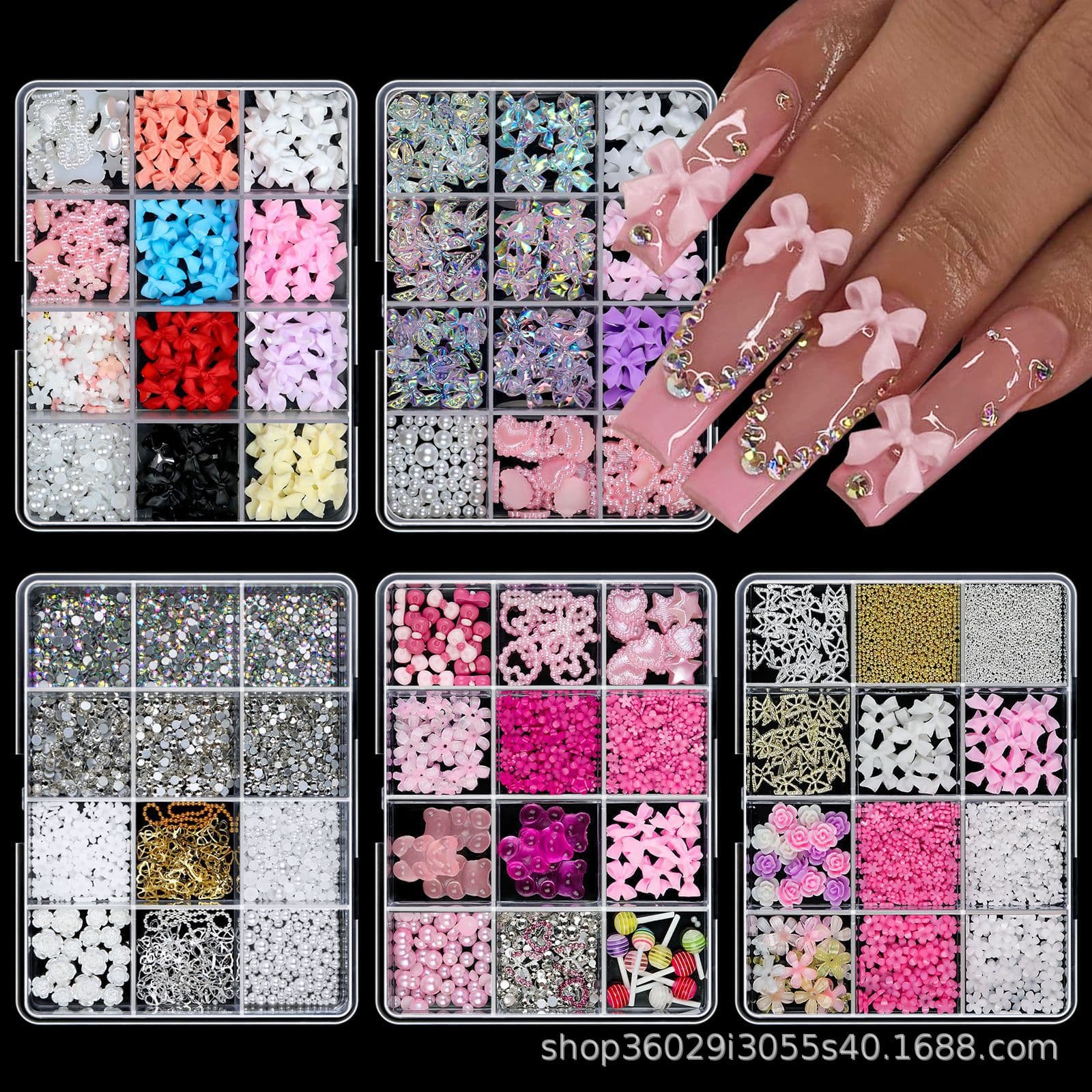 12 Grid Box Cross-Border Nail Art Accessories Resin Bow Bear Multi-Color Mixed Wearable Nail Tips Decorations Wholesale