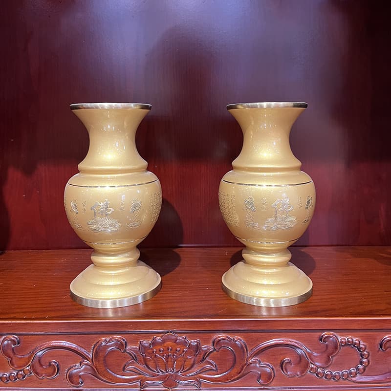 Copper Buddhist Supplies Complete Worship Set Household Altar Water Cup Buddha Incense Burner Fruit Plate Vase Guanyin Offering Set
