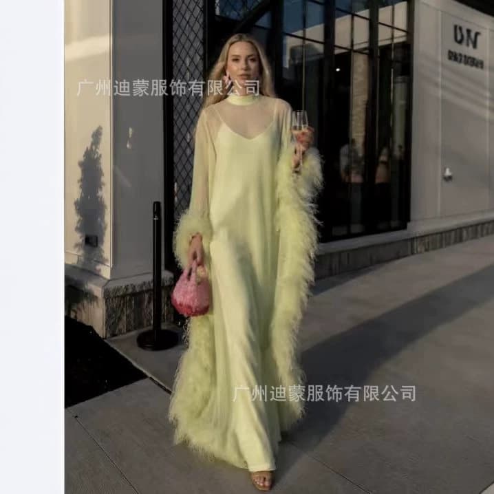 2026 cross-border European and American Amazon independent women's clothing furry cloak long 2-piece set feather dress