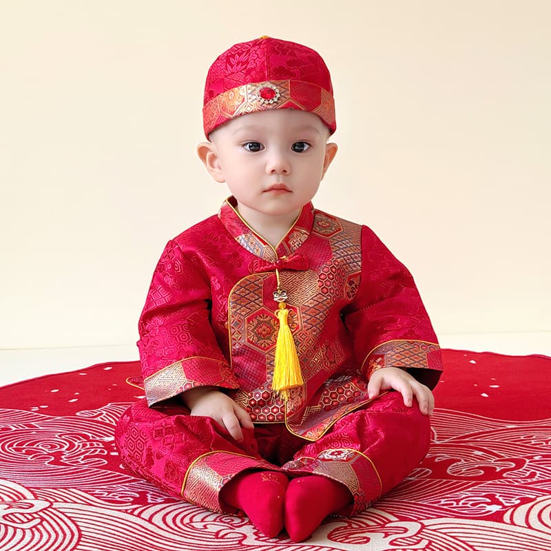 Babazhang Autumn New Style Boy's First Birthday Dress, Hanfu Tang Suit Set, Hat 9000
