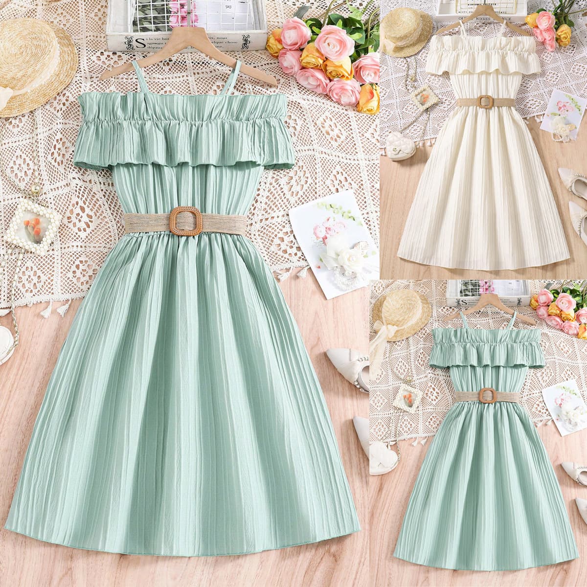 Girls Dress Summer Foreign Trade Style European American Off-Shoulder Spaghetti Strap Spliced Lace Fashionable Teenage Dress Wholesale
