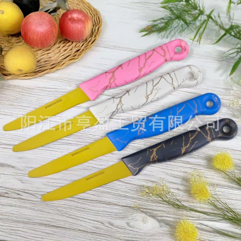 Cross-Border Hot Seller Plastic Handle Gold Serrated Steak Knife Fruit Knife Wholesale Household Stainless Steel Fruit Steak Knife