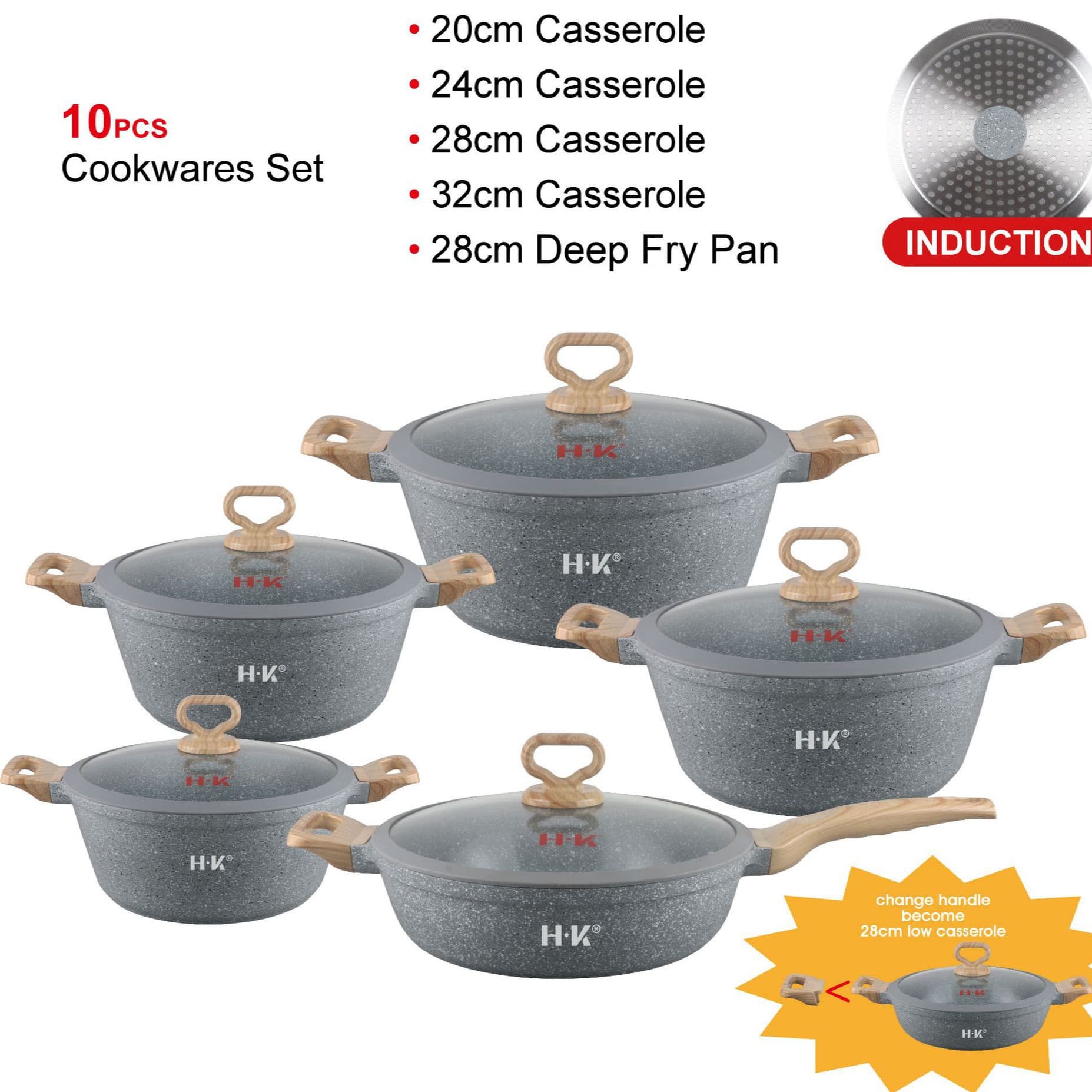 New Style Bakelite Handle 10-Piece Composite Bottom Cookware Set, Non-Stick Cookware Set, Die-Cast Pot, Stoneware Cookware, Stock Mixing Available