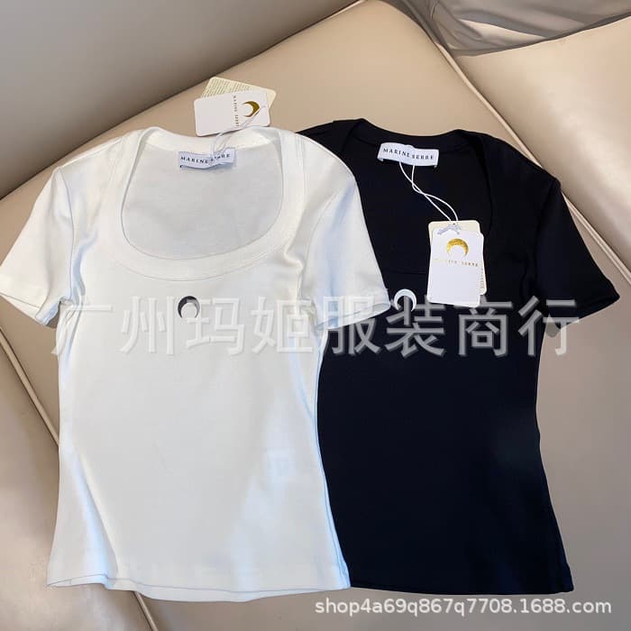 Marine Eprin Moon Print U-Neck Short-Sleeve Low-Cut T-Shirt Base Layer Tight Top Base Layer Shirt Inner Wear