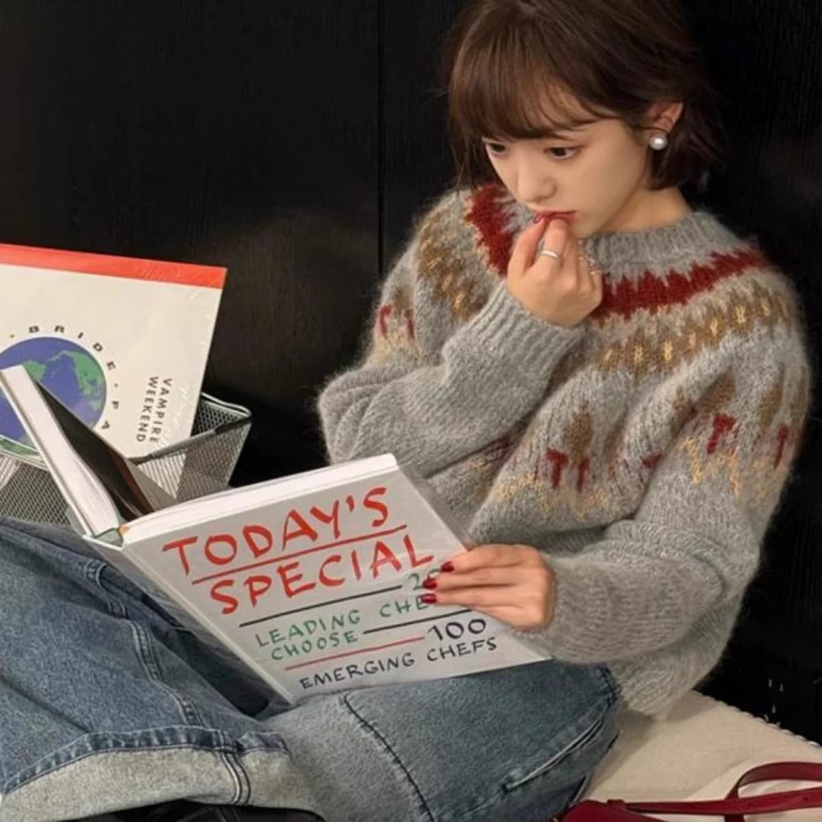 Gray Fair Isle Knit Mohair Jacquard Sweater for Women, Autumn Winter Christmas Korean Style Loose and Cozy Top