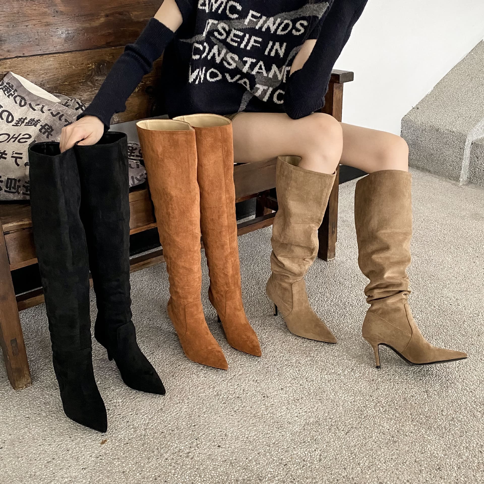 European Style Long Boots Women's Pointed Toe Foldable High Tube Autumn Winter High Heel Not over Knee Long Boots