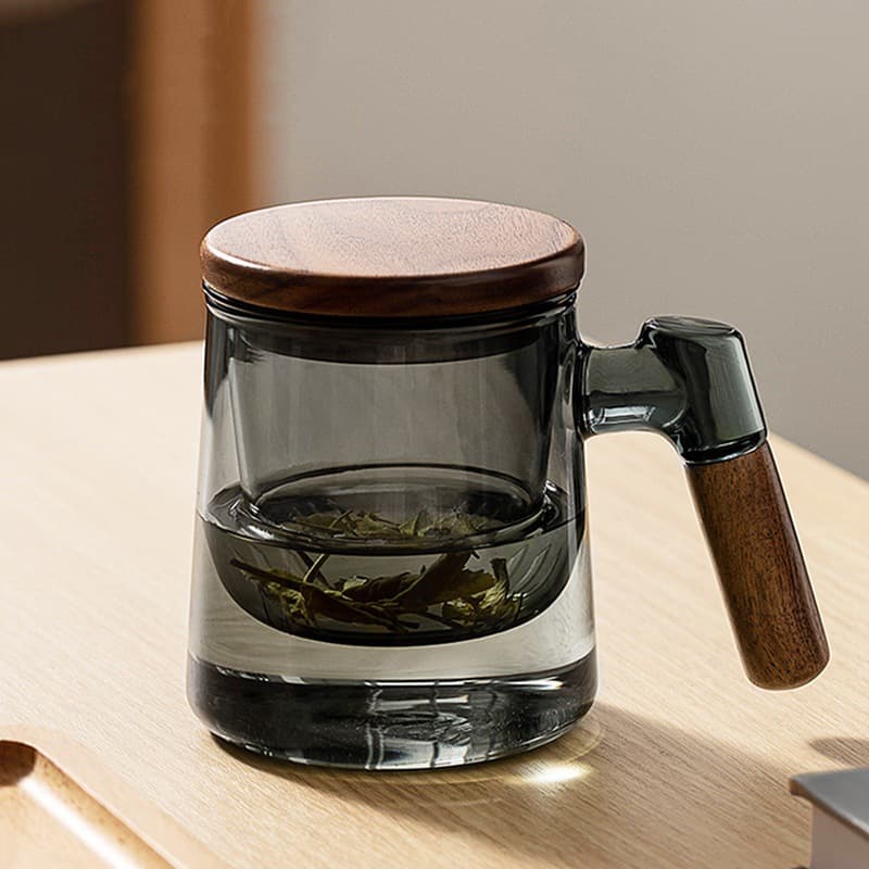 High Borosilicate Transparent Heat-Resistant Glass Tea Cup 3-Piece Set with Bamboo Lid, Smoke Cyan Filter Infuser, Office Drinking Cup