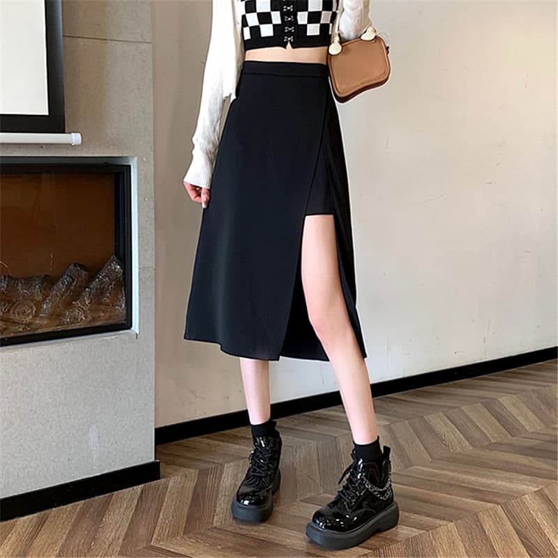 2025 Spring/Summer Plus Size Mid-Length Skirt for Women, High-Waist Irregular Split A-Line Skirt, Black Bodycon Skirt