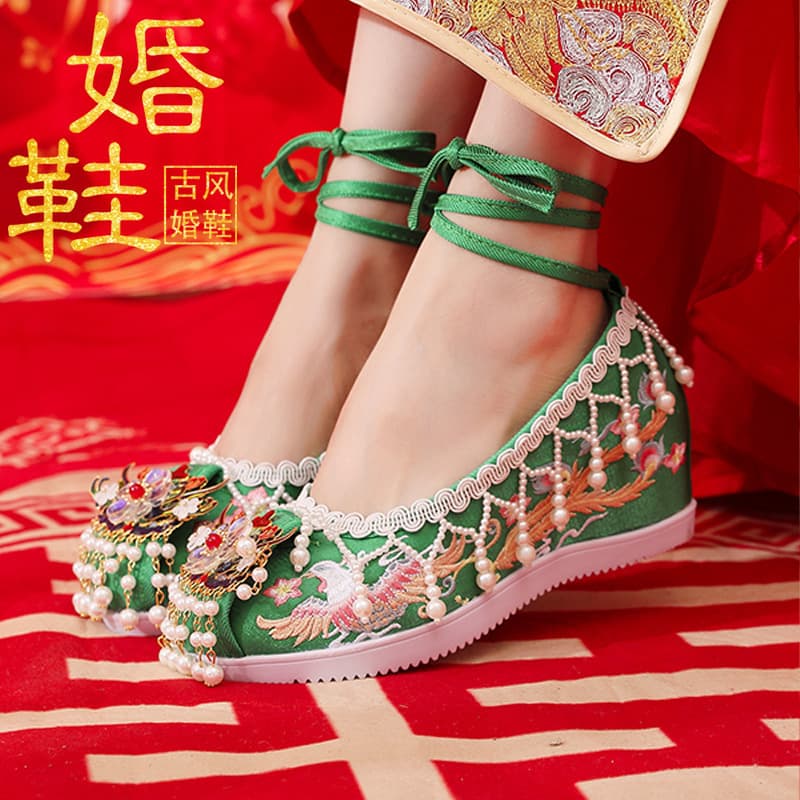 Original Ming Dynasty Antique Red Chinese-style Hexiu Dress Wedding Hanfu Wedding Shoes Ancient Dress Bride Beige Champagne Embroidered Shoes