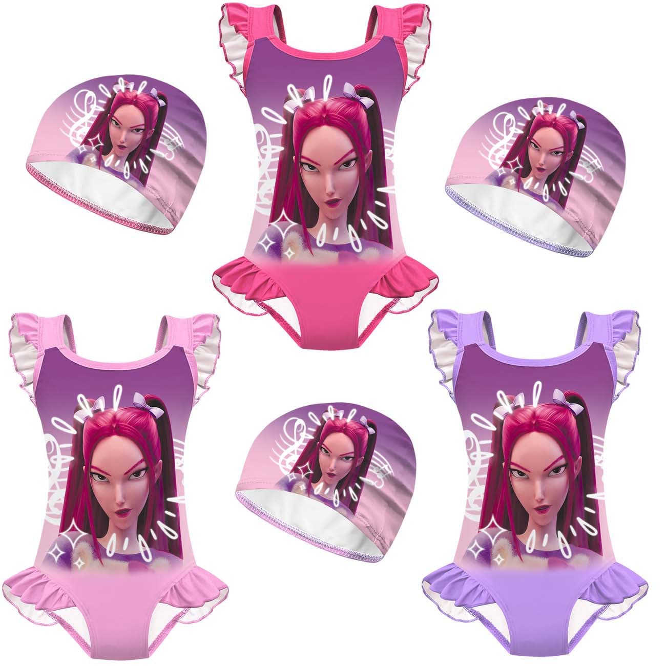 New children's swimsuit cosplay witcher group print girls one-piece lace swimsuit set 20731
