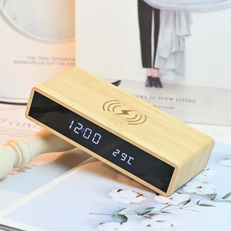 New wireless charging alarm clock, bamboo clock, creative multi-functional LED mirror clock, bamboo electronic clock.