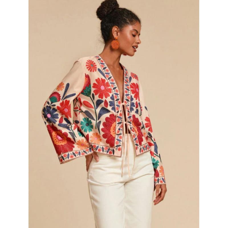 Bohemian Colorful Floral Embroidered Short V-Neck Tie Flared Sleeve Ethnic Cardigan Chiffon Top