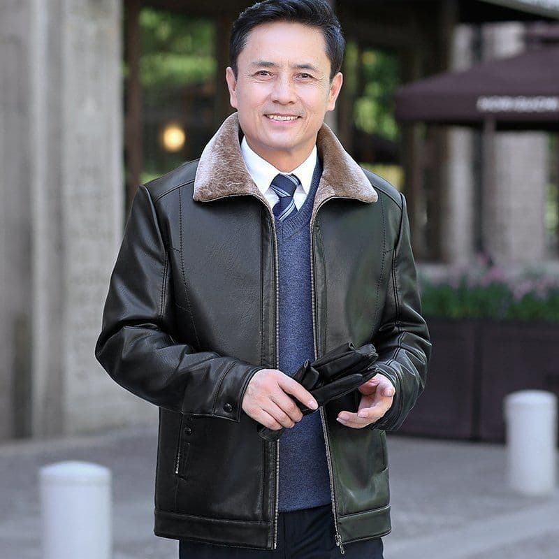 Middle-aged and elderly men's leather jackets with velvet and thickened dad's autumn and winter coats for fathers winter warm middle-aged and elderly leather jackets