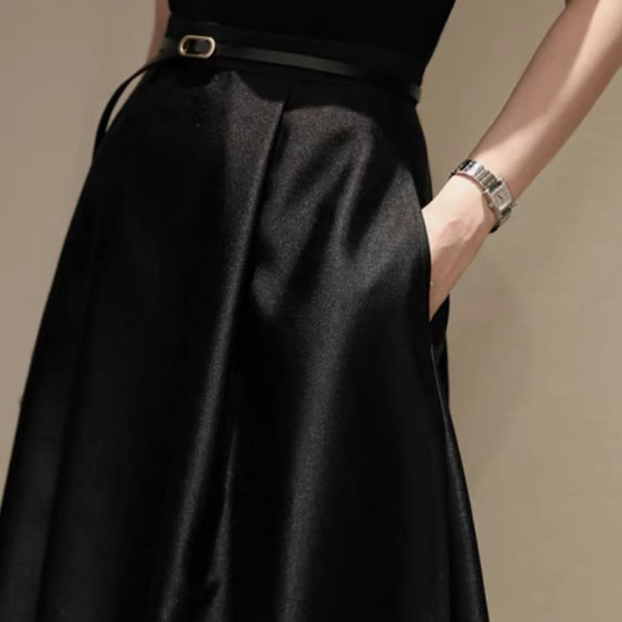 New Slim Fit Structured Midi Skirt Black Versatile A-line Skirt 9209