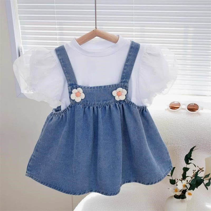 Girls Summer Denim Overalls Dress 2025 New Fashion Short Sleeve Children's Dress Baby Short Sleeve Skirt Set