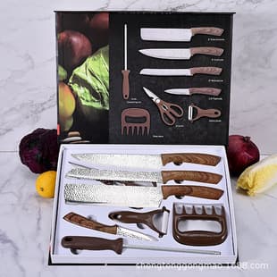 Bark Wood Handle Knife Set 8-Piece Hammered Pattern Knife Set with Bear Claw Meat Separator and Sharpening Rod Kitchen Tool Set