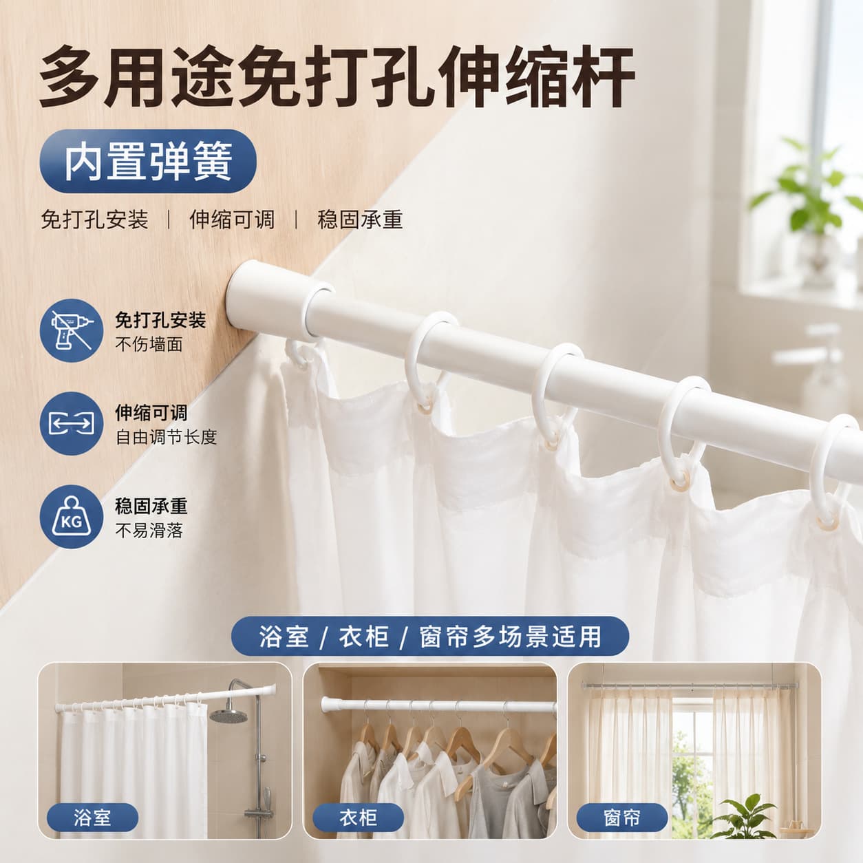 Telescopic Rod, No-Drill Curtain Rod, Bathroom Door Curtain, Wardrobe Retractable Support Rod, Roman Rod Manufacturer, Modern Minimalist Style