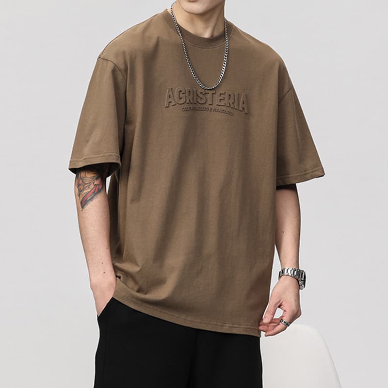 American Heavyweight Pure Cotton Men's T-Shirt Short Sleeve Summer Loose Round Neck Street Style Embossed Letter Loose Half Sleeve Top