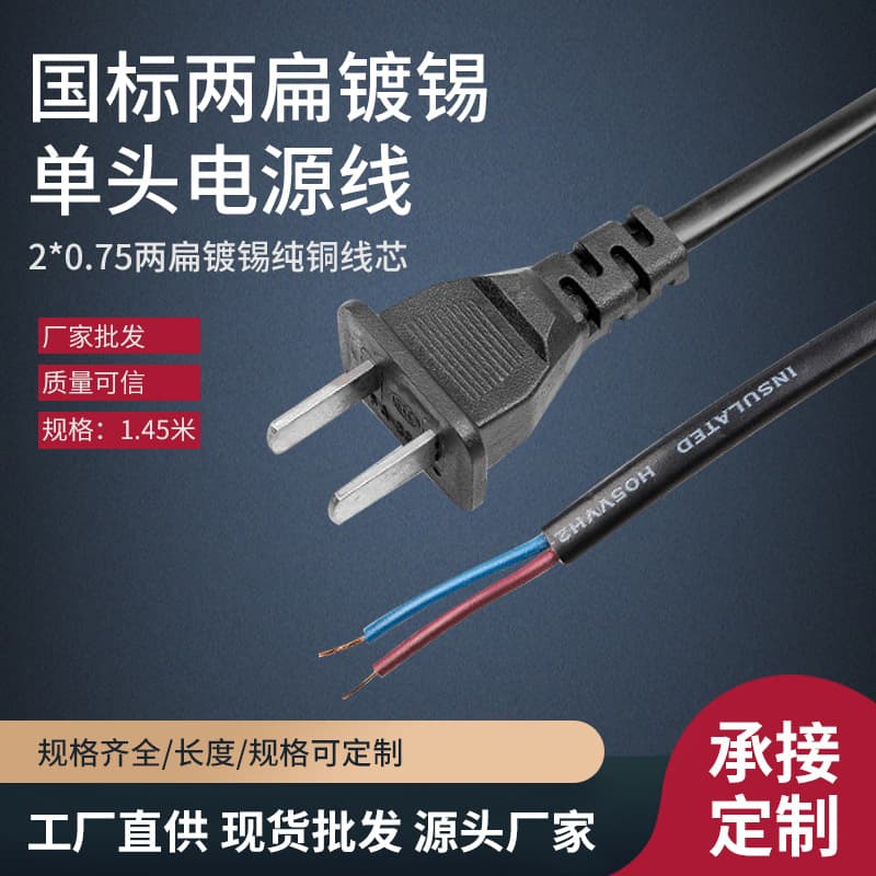 National Standard Single-Ended Pure Copper Power Cord, Small European Standard Two-Prong Tinned Two-Prong Connector with Wire, Two-Prong Bare Tail Connector