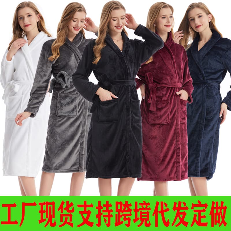 Thick Coral Fleece Robe Long Plush Sleepwear Home Clothes Women's Large Size Flannel Bathrobe Comfortable Casual All Seasons
