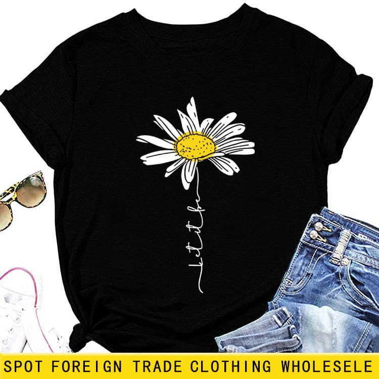 LET IT BE DAISY Letter Casual Short Sleeve Amazon European and American Women's Top Round Neck Loose T-Shirt