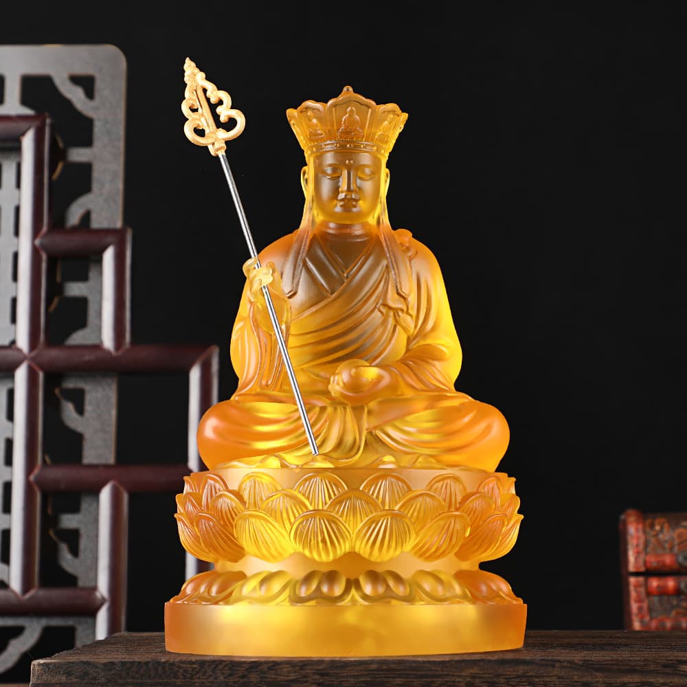 Seated Lotus Ksitigarbha Bodhisattva Water Glass Statue - Lotus Throne Seated Ksitigarbha Buddha for Home Worship Deity Ornament