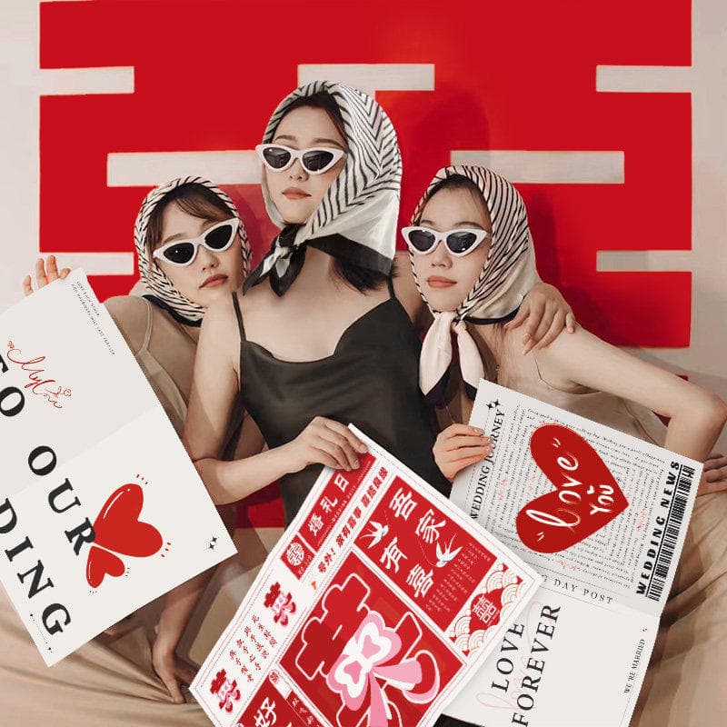 Morning Robe Photo Prop for Bride and Bridesmaids Creative Costume Festive Newspaper Headscarf Cat-Eye Sunglasses Handheld Wedding Supplies