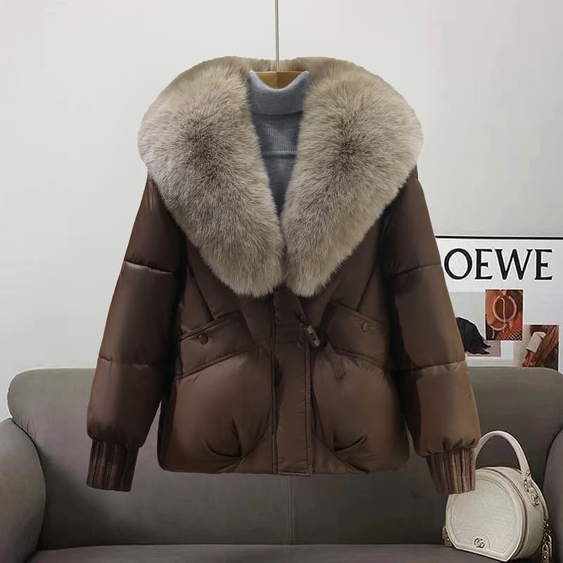 2025 Winter New Big Fur Collar Cotton Padded Down Cotton Coat Women Short Thick Faux Fur Jacket Petite Warm Coat