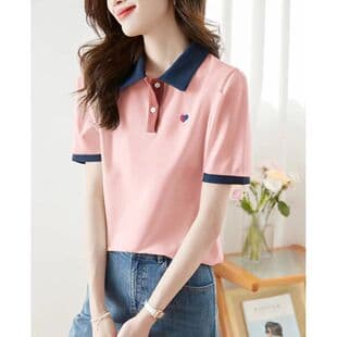 2024 New Summer Polo Short Sleeve T-Shirt Heart Embroidery Contrast Color Patchwork Polo Shirt Turn Down Collar Casual Top Women