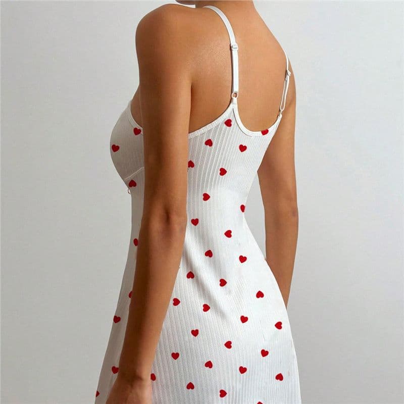 New European and American Cross-Border Heart Print Camisole Sleepwear for Women, Casual Sexy Bow-Tie Adjustable Nightgown, Wearable as Loungewear