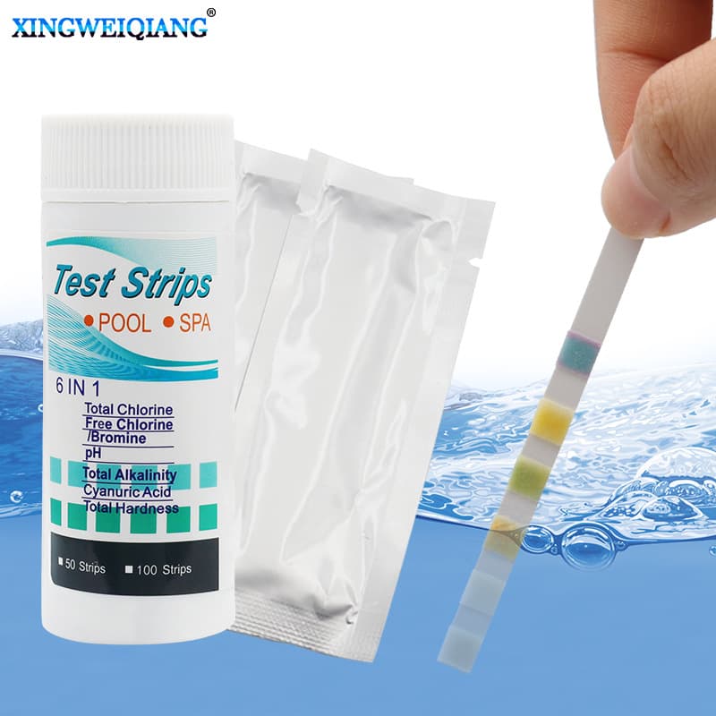 Swimming Pool Test Strips 6-in-1 for Chlorine, pH, Alkalinity, Hardness Testing, 50 Strips per Pack