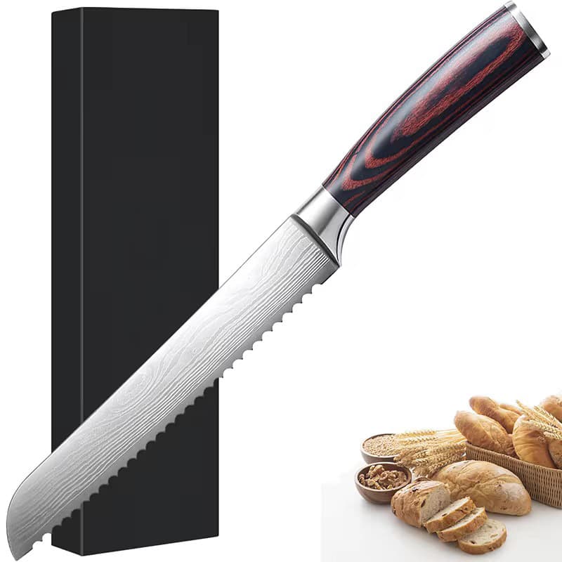Hot Selling 8-inch Bread Knife Colorful Wood Handle Damascus Pattern Serrated Knife Baking Toast Cake Knife Manufacturer Ready Stock