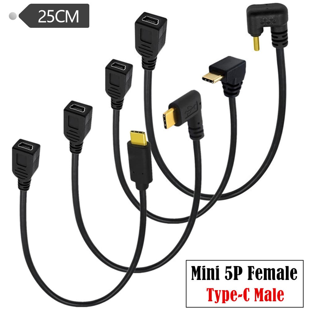 Gold-plated USB 90° right-angle Type-C male to Mini 5pin female phone data charging adapter cable, 25cm