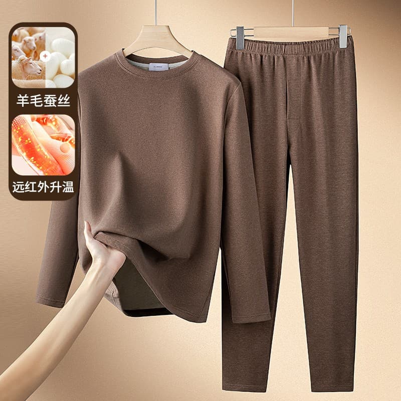 Heavyweight Wool Silk Fleece Warm Thermal Underwear for Men, Autumn/Winter Double-Sided Fleece Round Neck Base Layer Set Fleece-Lined Thick
