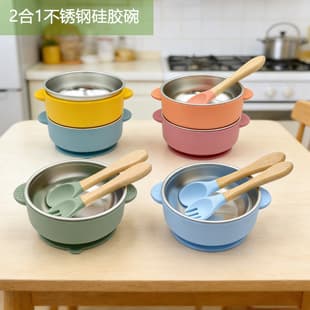 304 Stainless Steel Double-Handle Bowl with Silicone Suction Base, Baby Feeding Bowl with Wooden Spoon and Fork, Amazon Best Seller Kids Bowl