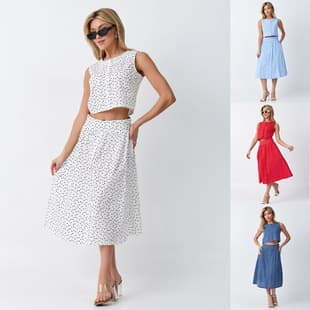 2026 Cross-Border Summer New Vacation Style Polka Dot Set Women Sleeveless Crop Top High-Waist Skirt Two-Piece Set