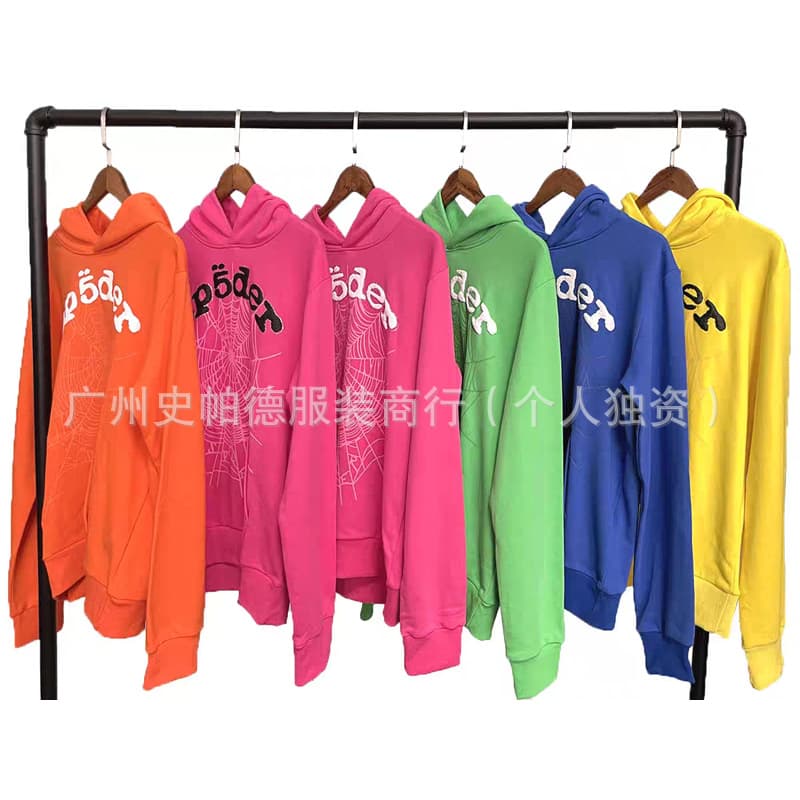 Cross-border Premium Heavyweight 450G Fleece-Lined Hoodie European and American Trendy Brand Sp5der Spider Web Sweatshirt Factory In Stock