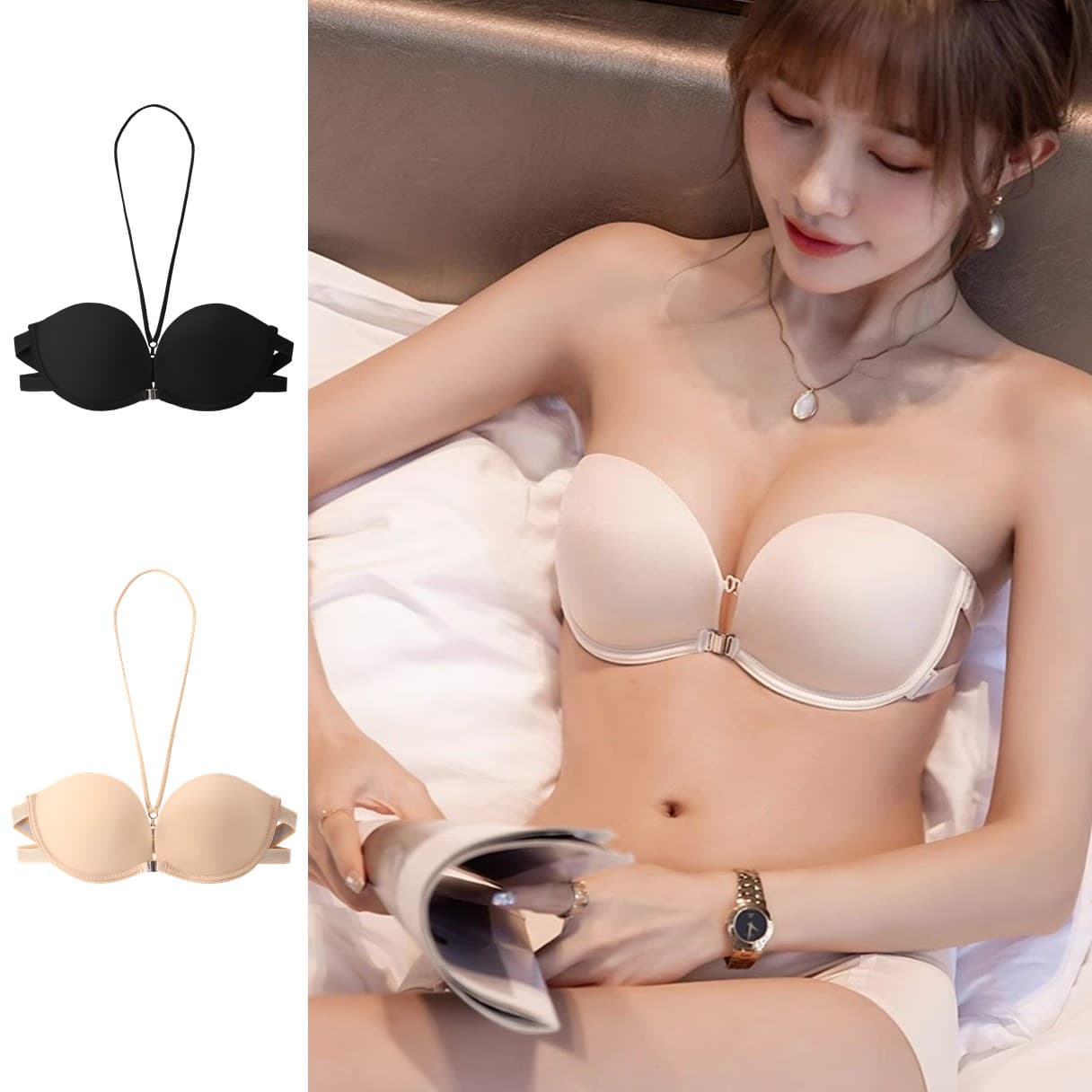 Strapless bras for smaller busts, invisible adjustable lift bras with anti-slip beautiful back, halter neck camisole front-closure style.