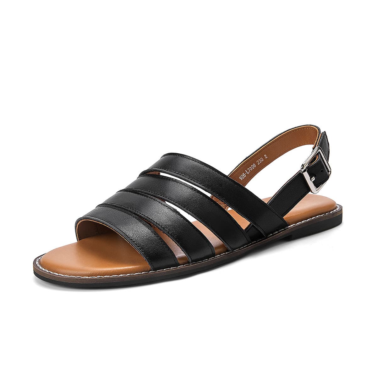 Summer Black Top Layer Cowhide Wide Strap Flat Sandals, Round Toe Open Toe Single Buckle Strap Sandals, Beach Sandals Plus Size for Women