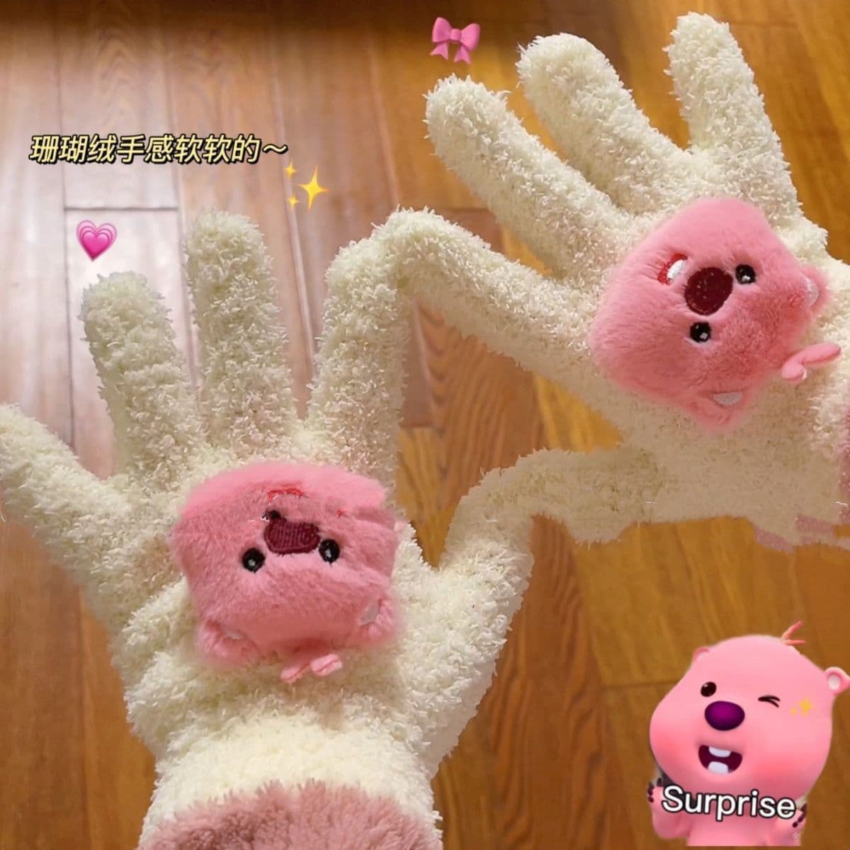 【New User $5 Off】New Fleece-Lined Thickened Cute Little Beaver Warm Gloves, Coral Fleece Finger Gloves