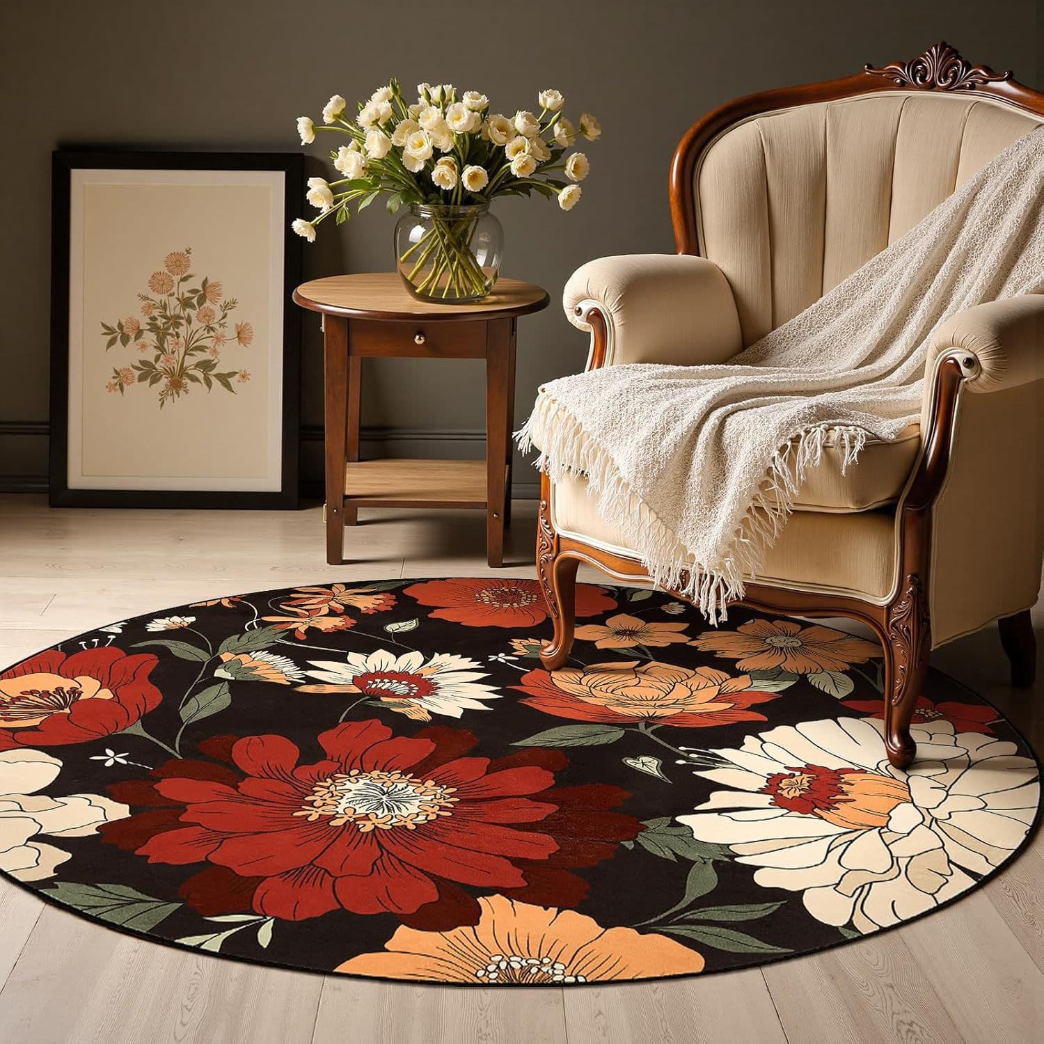 Nordic Retro Ethnic Floral Round Carpet, Living Room Wear-Resistant Carpet, Durable Decorative Carpet for Home and Guesthouse