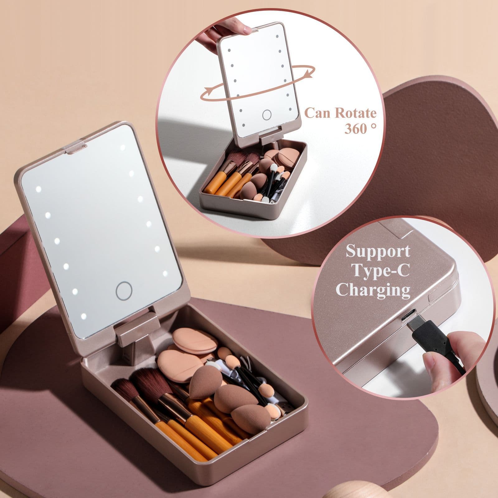 temutiktok portable travel makeup brush set 5 bamboo mini beauty egg led mirror makeup brushes