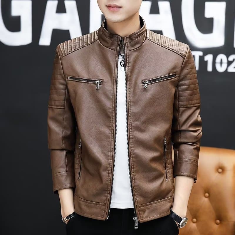 Slim Fit Thickened Leather Jacket Stylish Outerwear Men's Casual Motorcycle PU Winter Spring Autumn Coat