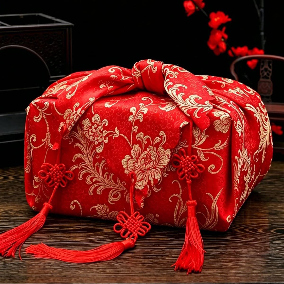 Wedding Bundle Cloth with Embroidery and Tassels, Large Red Wrapping Cloth for Bride's Dowry Basin, Wedding Supplies, Red Veil