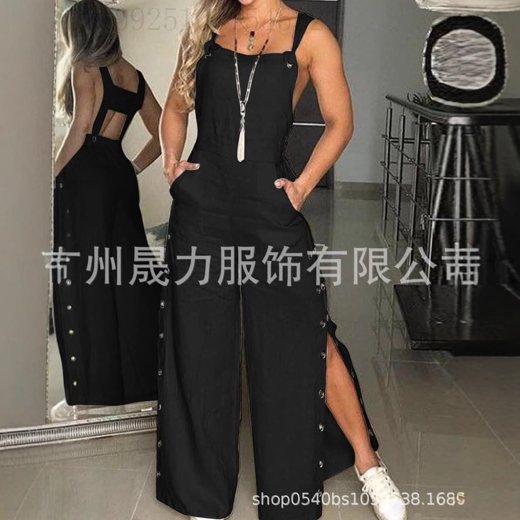 Women's solid color sleeveless side pocket casual wide leg side buckle jumpsuit