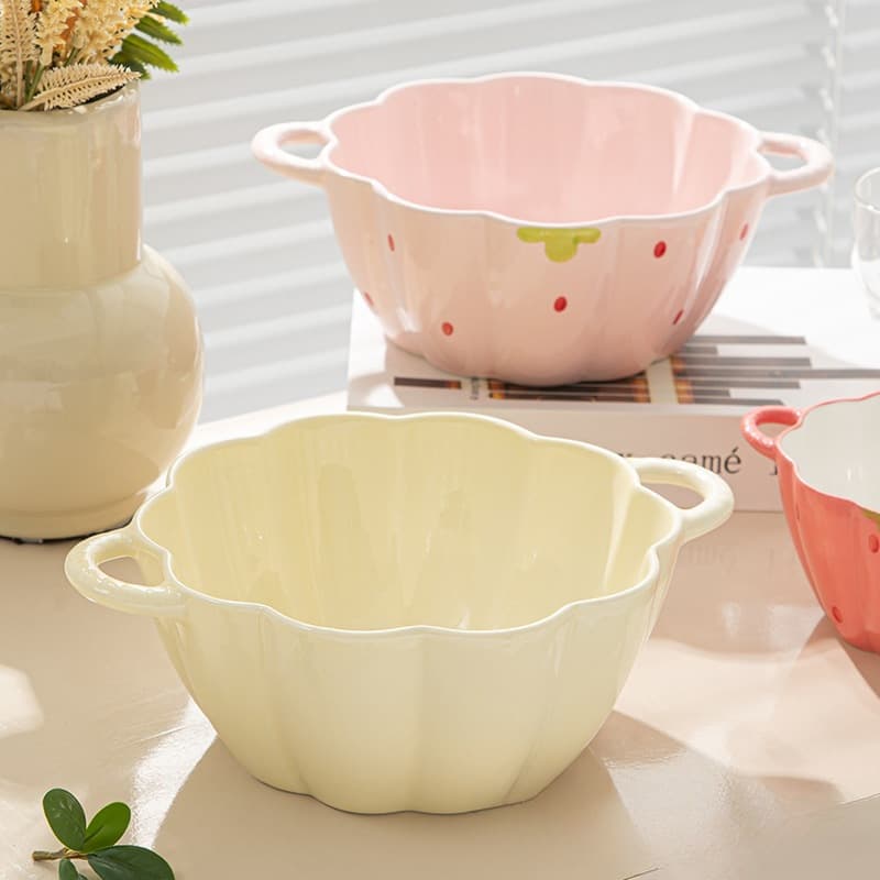 Cream-Colored Large Double-Handle Soup Bowl for Home Use, 2025 New Model, Particularly Beautiful Bowl with Large Capacity, Pumpkin-Shaped Noodle Bowl and Soup Basin