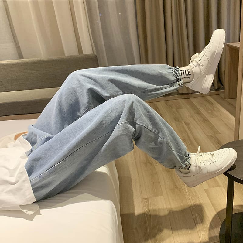Ankle-Tie Jeans for Men, Fashionable All-Match Winter New Cropped Pants, Ins Hong Kong Style Men's Pants, Loose Daddy Pants